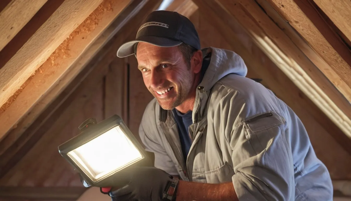 A friendly pest and wildlife provider inspecting an attic with a flashlight in a Seattle home near the Seattle area